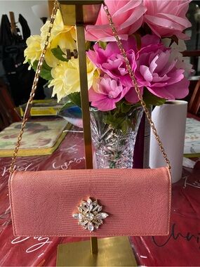 Pink Textured Evening Clutch with Crystal Brooch